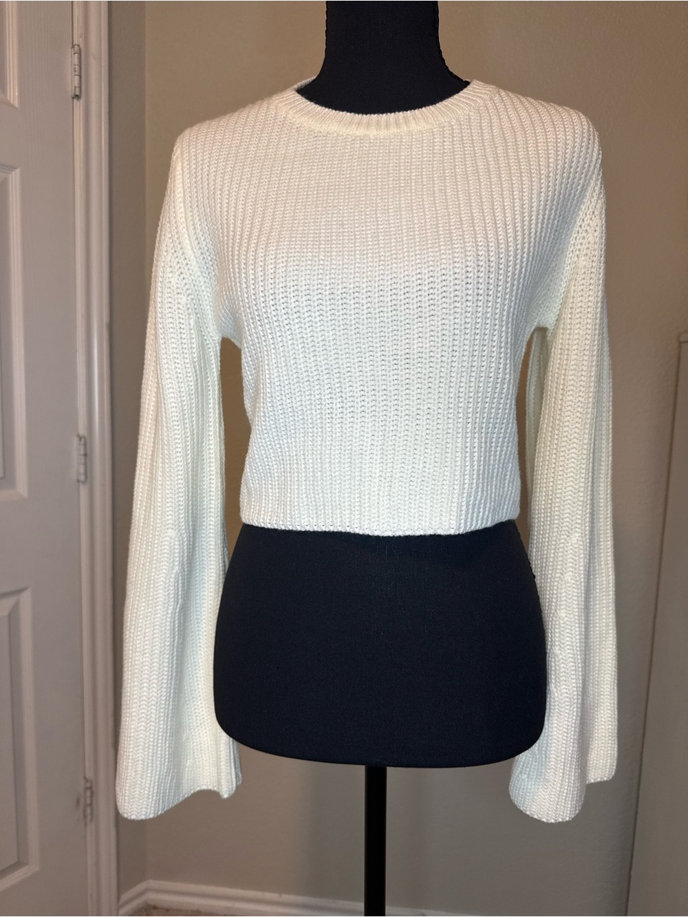 Princess Polly Cream Ribbed Cropped Crewneck Sweater